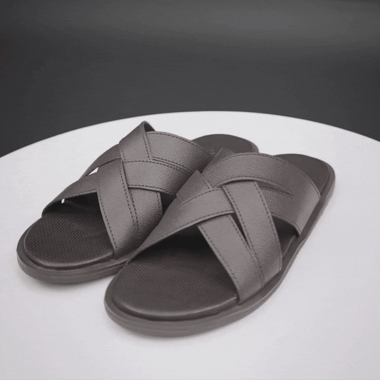 Brown cow print leather footwear with soft lining, cushioned EVA insole, and durable TPR sole