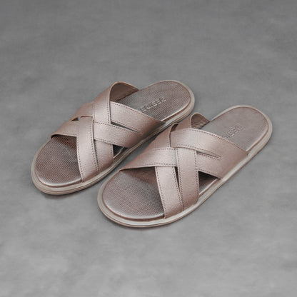 Brown cow printed leather footwear with cushioned insole and TPR sole.