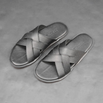 Black cow printed leather footwear with cushioned insole and TPR sole.