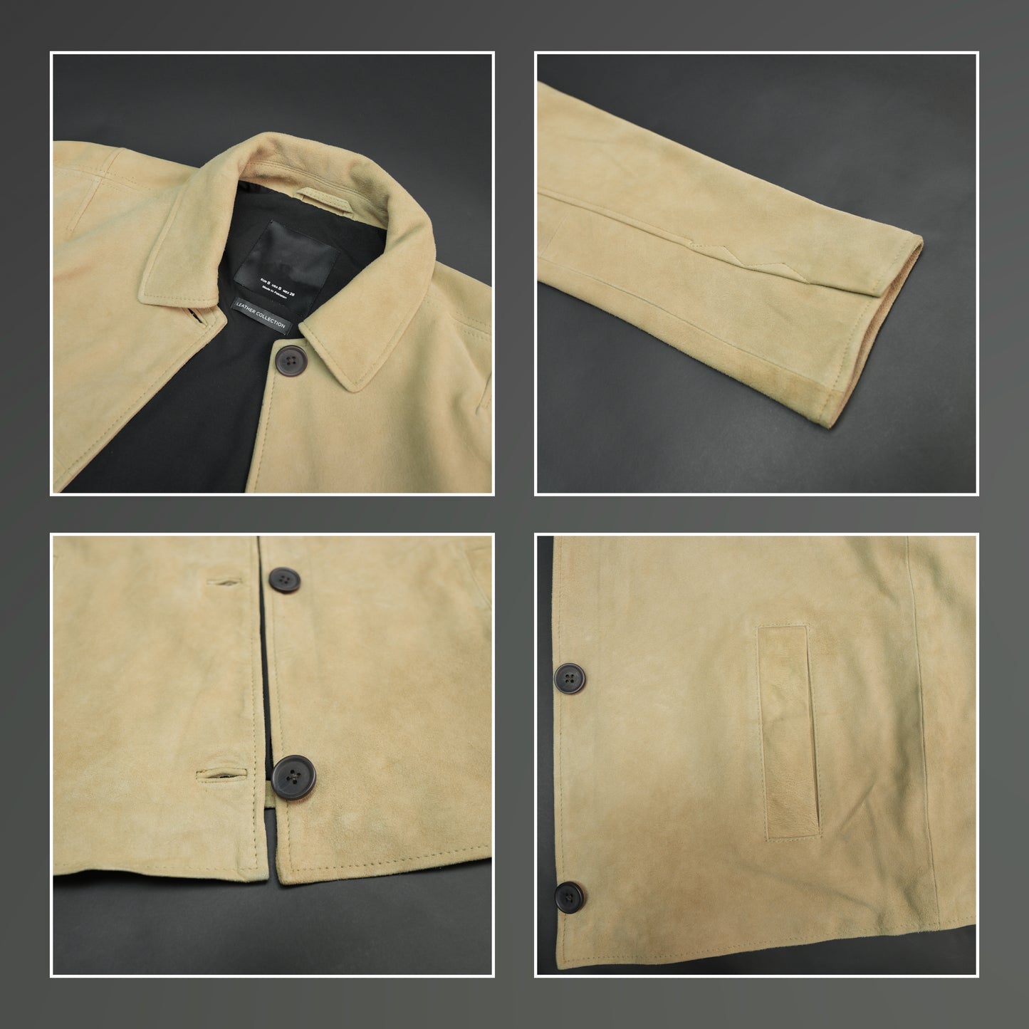 Elara men’s beige suede leather jacket with button closure and front side pockets, combining elegance and everyday versatility
