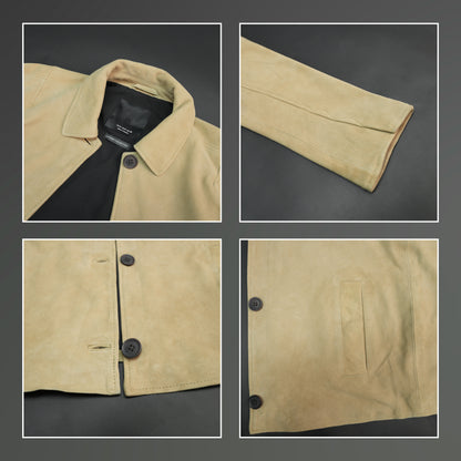 Elara men’s beige suede leather jacket with button closure and front side pockets, combining elegance and everyday versatility