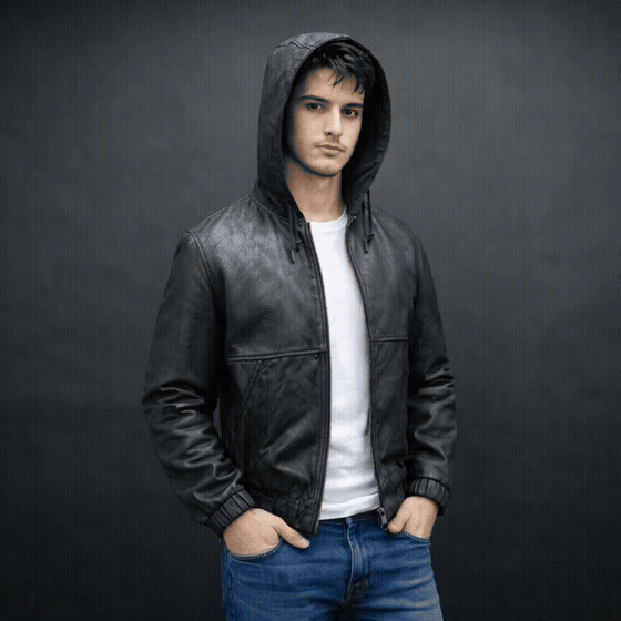 Men’s black sheep leather hooded jacket (Veg Ranger) with front zip closure, adjustable hood, two side pockets, and one inside pocket, combining rugged durability with modern style