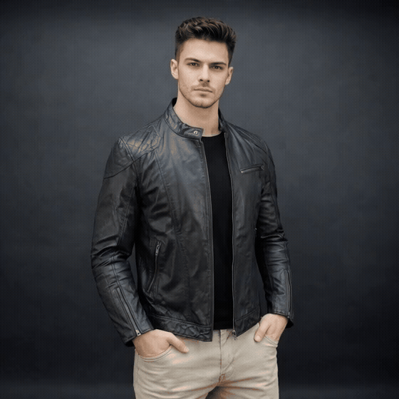 Men’s black jacket with front zip closure, two side pockets, one upper right front pocket, zip cuffs, snap-button collar, and an inside zipper pocket, combining style and functionality