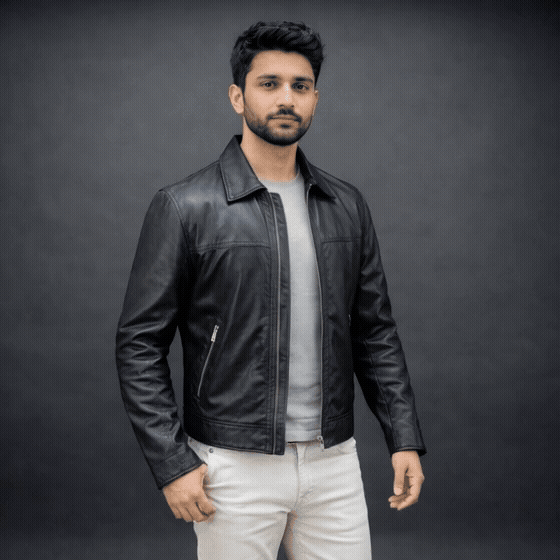 Black leather jacket premium leather, zipper opening, and two front side pockets