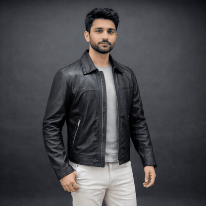 Black leather jacket premium leather, zipper opening, and two front side pockets