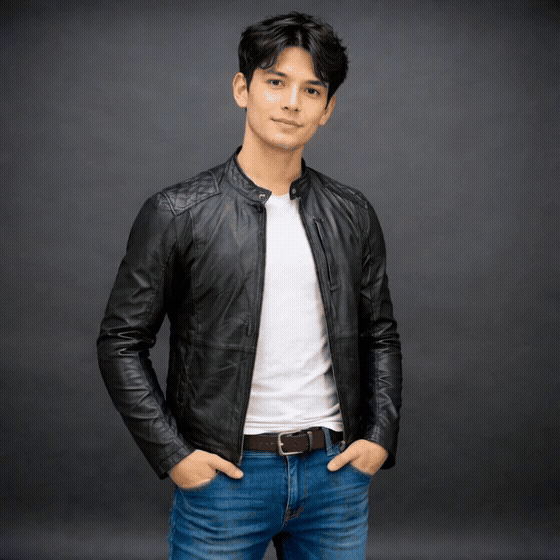 Black jacket with front zip closure, snap-button collar, zippered cuffs, multiple pockets including two side pockets, one vertical front pocket, and one inner pocket, offering a stylish and functional everyday design