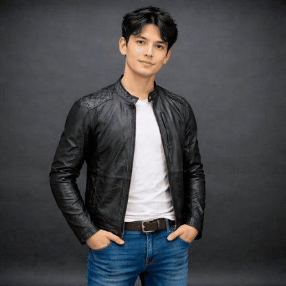 Black jacket with front zip closure, snap-button collar, zippered cuffs, multiple pockets including two side pockets, one vertical front pocket, and one inner pocket, offering a stylish and functional everyday design