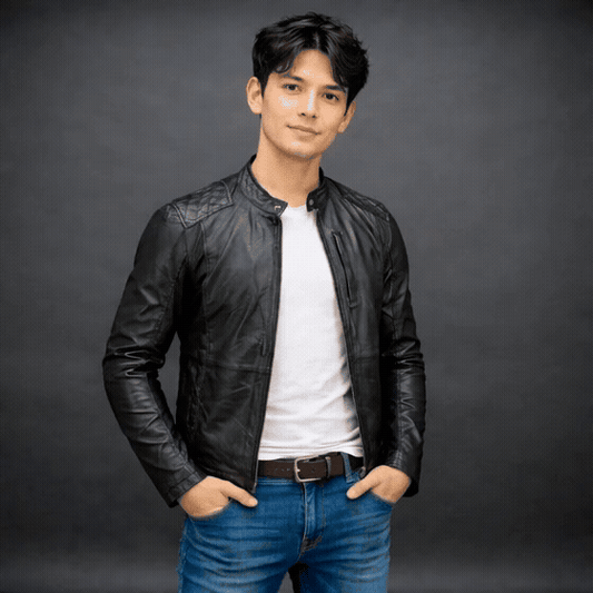 Black jacket with front zip closure, snap-button collar, zippered cuffs, multiple pockets including two side pockets, one vertical front pocket, and one inner pocket, offering a stylish and functional everyday design