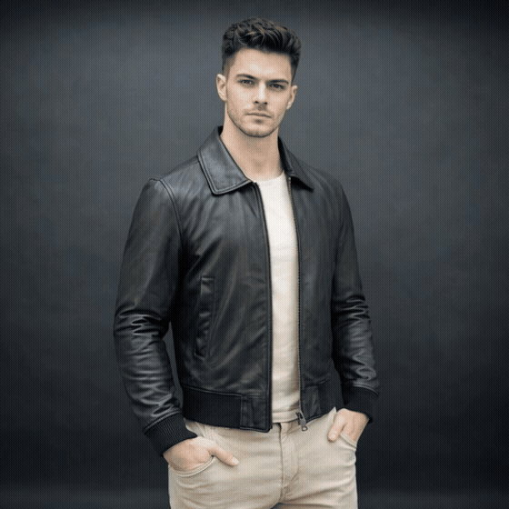 Men’s black leather jacket made from soft sheep leather with front zipper and multiple pockets