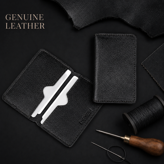 Premium genuine leather bifold wallet with black stitching and card slots.