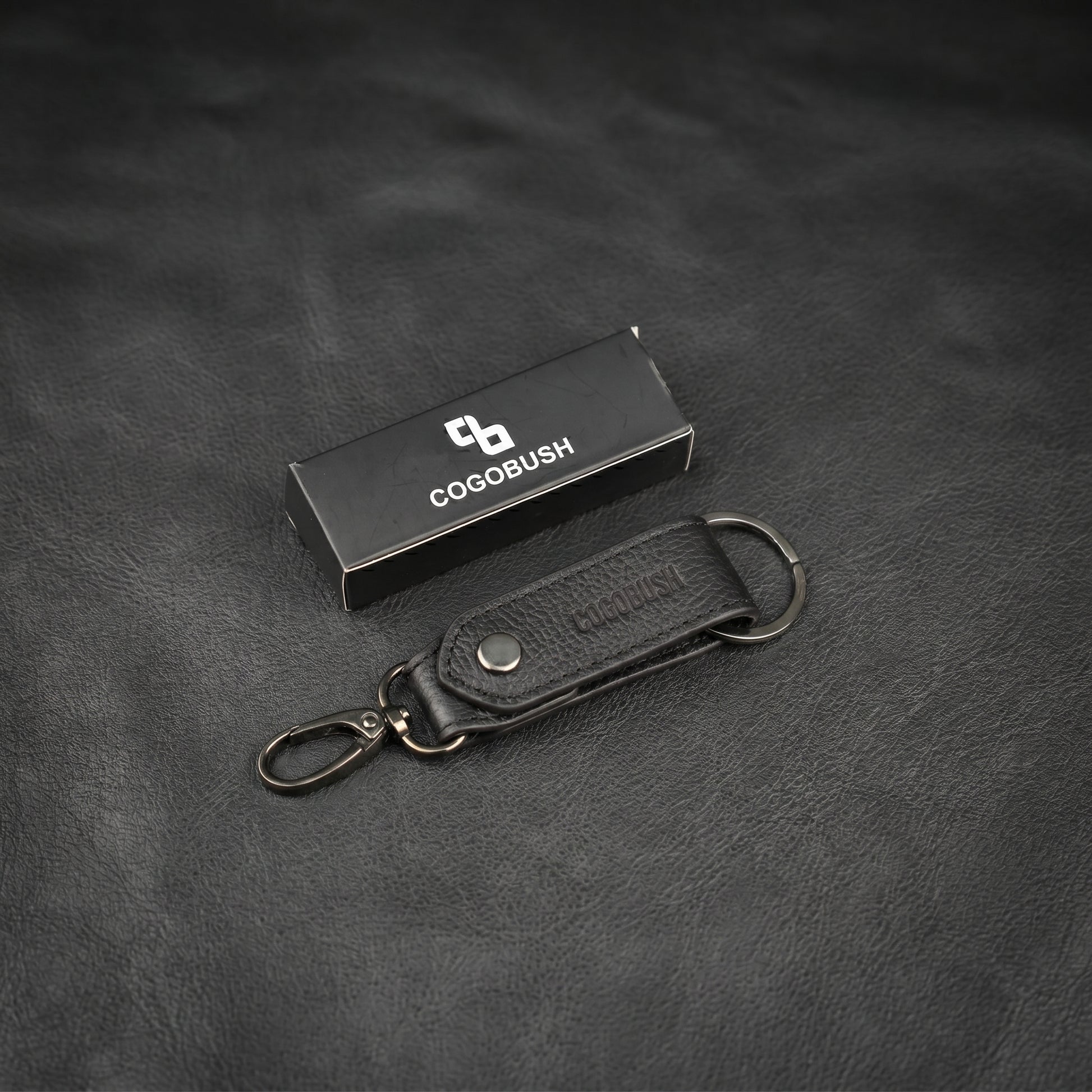Black Genuine Leather Keychain with Metal Clasp.