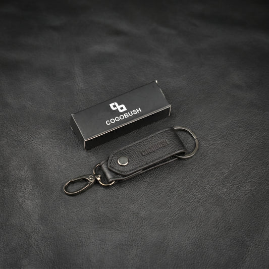 Black Genuine Leather Keychain with Metal Clasp.