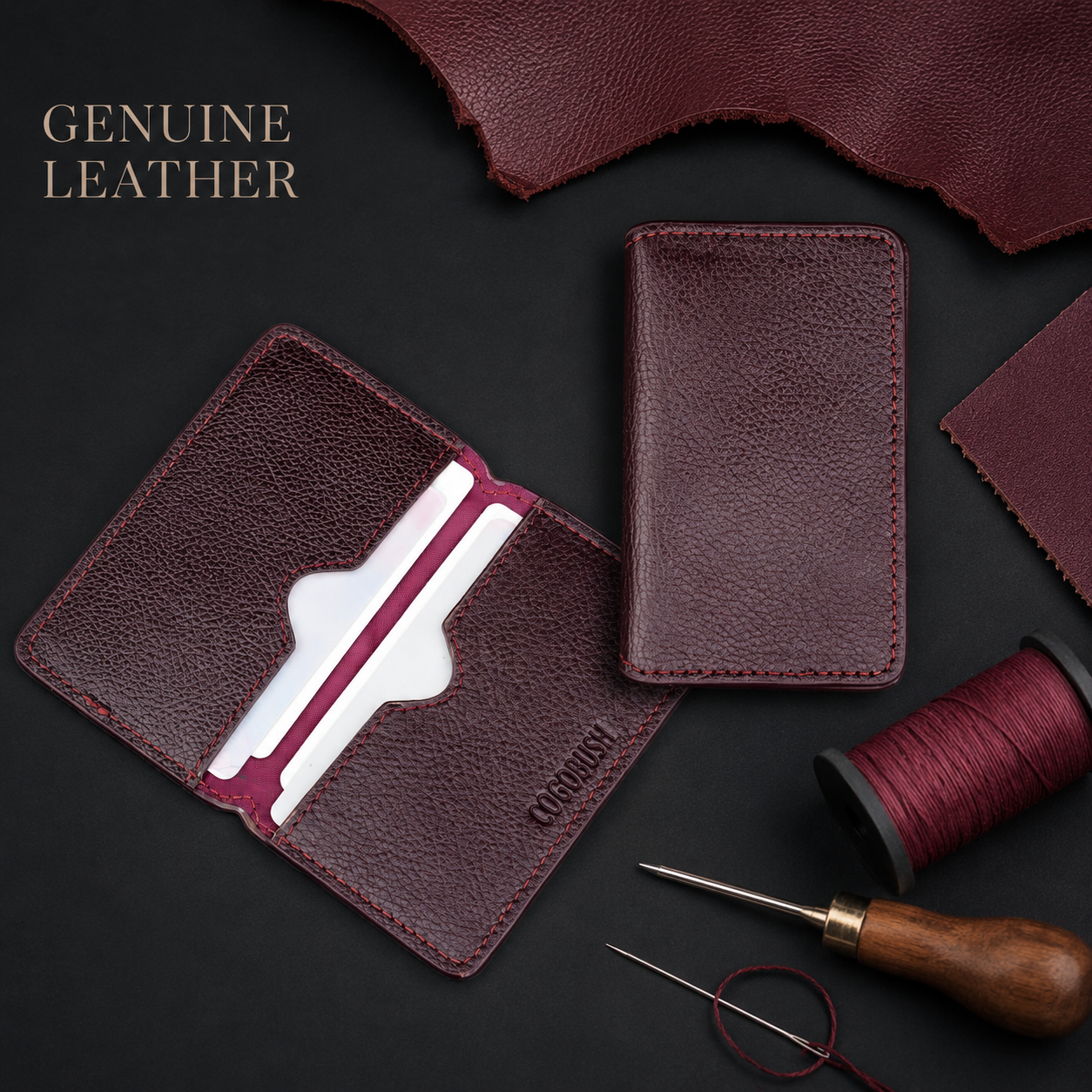 Premium genuine leather bifold wallet with maroon stitching and card slots.