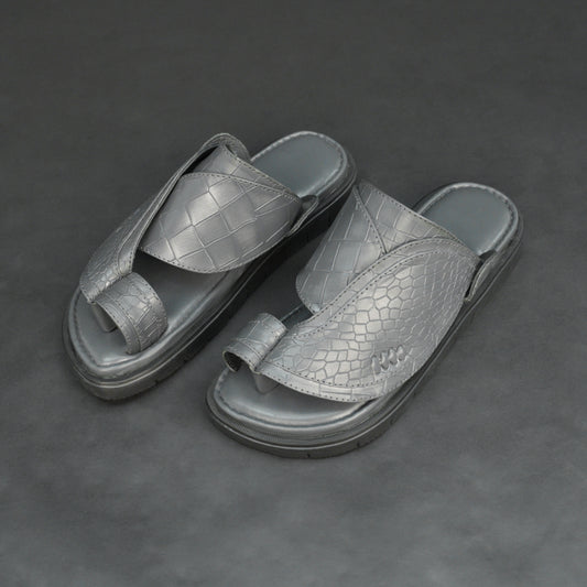 Grey Arabic chappal with croco-textured PU upper and EVA sole.