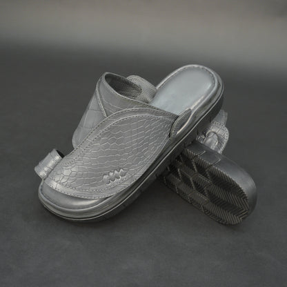 Grey Arabic chappal with croco-textured PU upper and EVA sole.