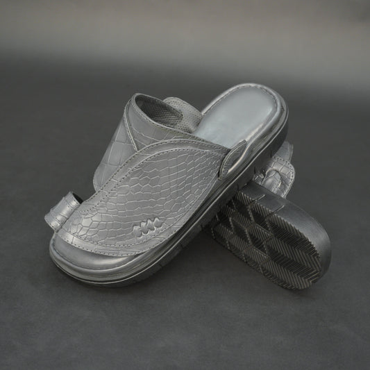 Grey Arabic chappal with croco-textured PU upper and EVA sole.