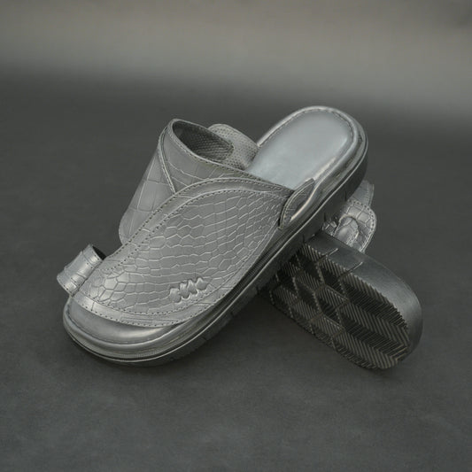 Grey Arabic chappal with croco-texture PU upper and EVA sole.