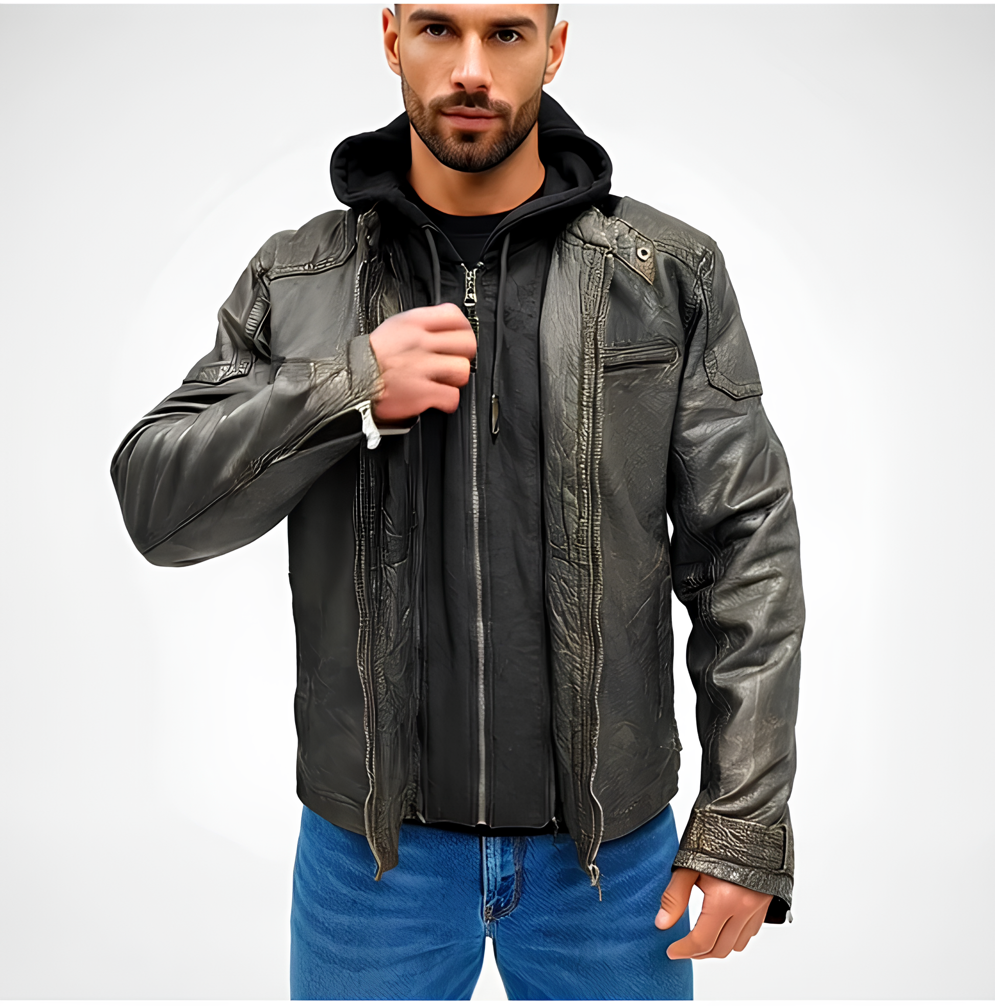 Black Lamb Veg Rub Off zip jacket with sleek design, unique textured finish, two pockets, and smooth zip closure for versatile, elegant wear