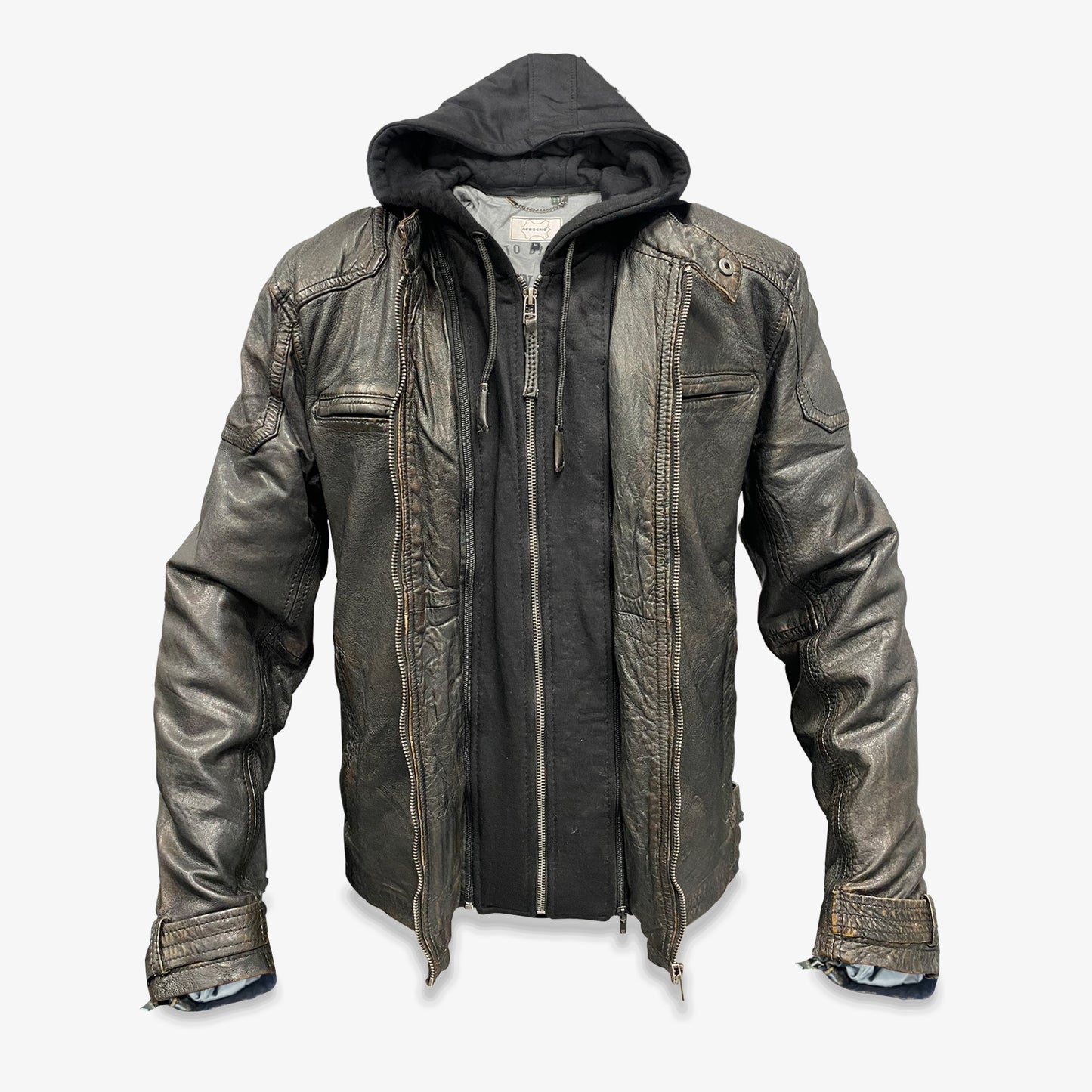 Black Lamb Veg Rub Off zip jacket with sleek design, unique textured finish, two pockets, and smooth zip closure for versatile, elegant wear