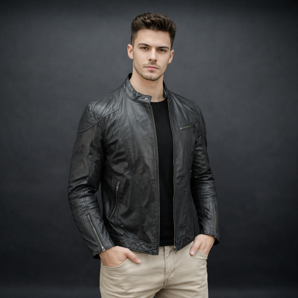 Men’s black jacket with front zip closure, two side pockets, one upper right front pocket, zip cuffs, snap-button collar, and an inside zipper pocket, combining style and functionality