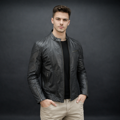 Men’s black jacket with front zip closure, two side pockets, one upper right front pocket, zip cuffs, snap-button collar, and an inside zipper pocket, combining style and functionality