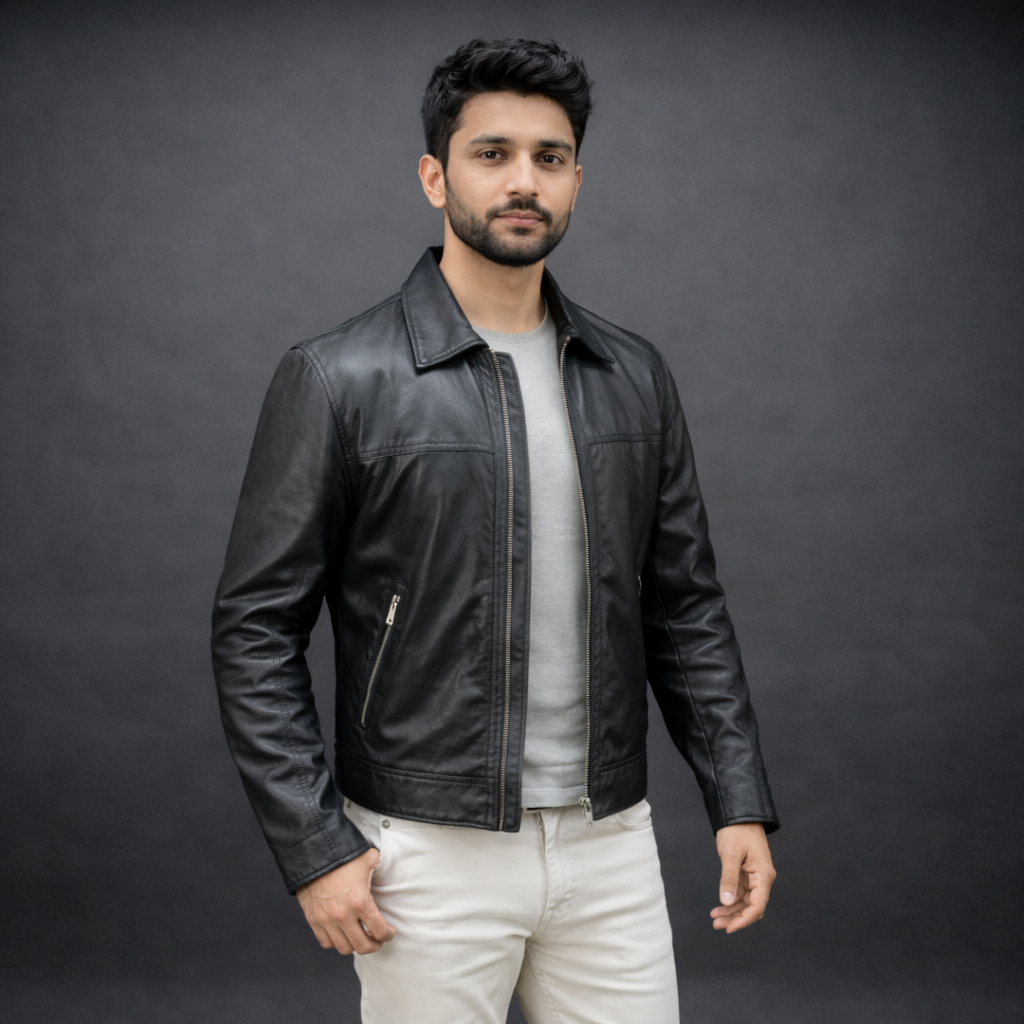 Black leather jacket premium leather, zipper opening, and two front side pockets