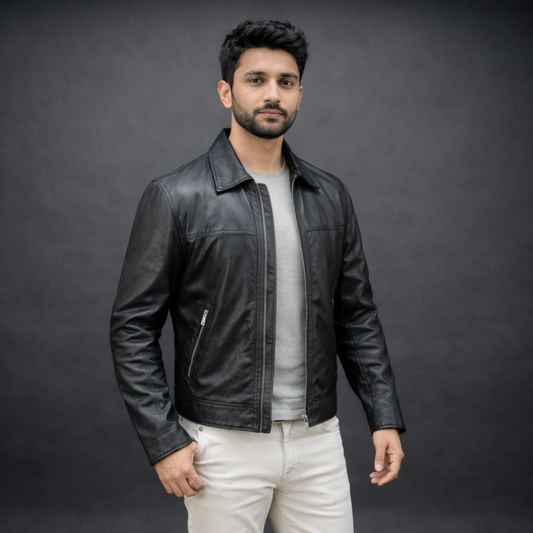 Black leather jacket premium leather, zipper opening, and two front side pockets