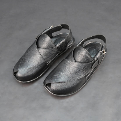 Black cow printed leather footwear with cushioned insole and TPR sole.