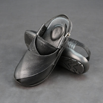 Black cow printed leather footwear with cushioned insole and TPR sole.