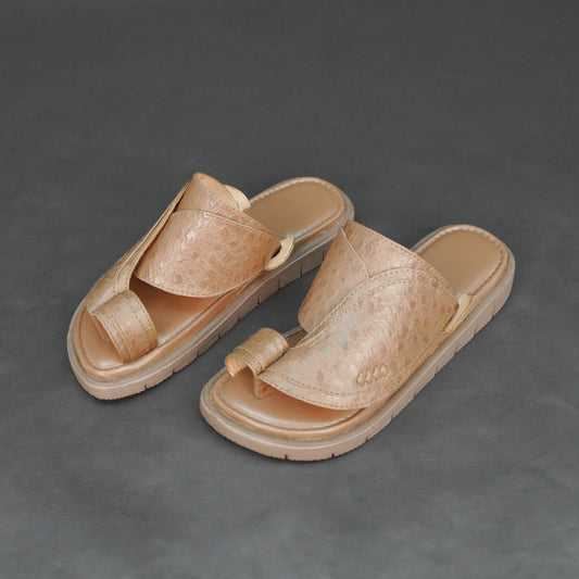 Light brown Arabic chappal with ostrich-textured PU upper and EVA sole.
