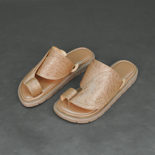 Light brown Arabic chappal with ostrich-style PU upper and EVA sole.