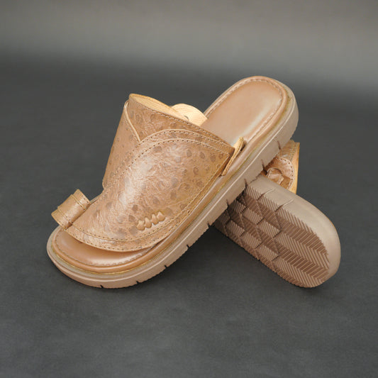 Light brown Arabic chappal with ostrich-textured PU upper and EVA sole.