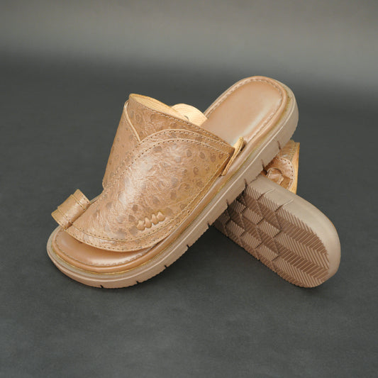 Light brown Arabic chappal with ostrich-style PU upper and EVA sole.
