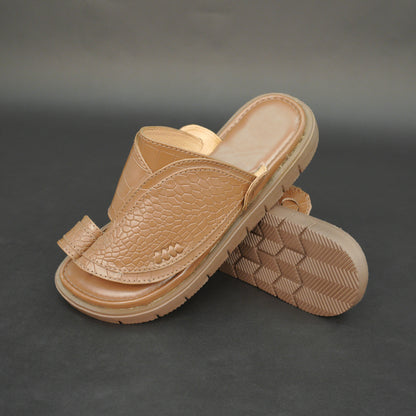 Light brown Arabic chappal with croco-textured PU upper and EVA sole.