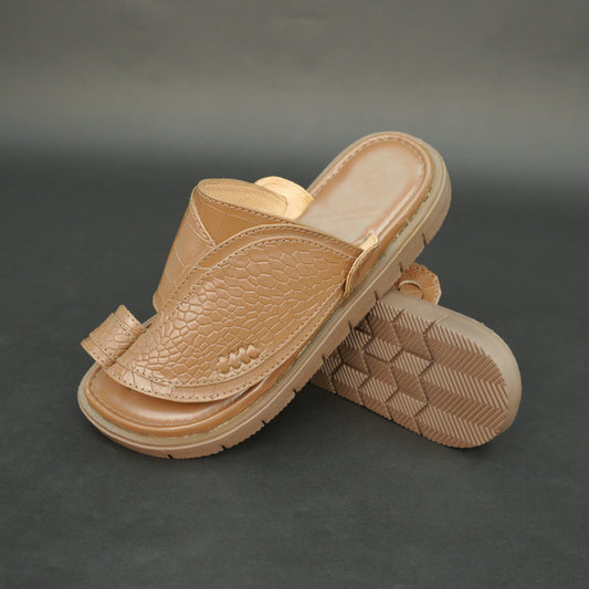 Light brown Arabic chappal with croco-texture PU upper and EVA sole.