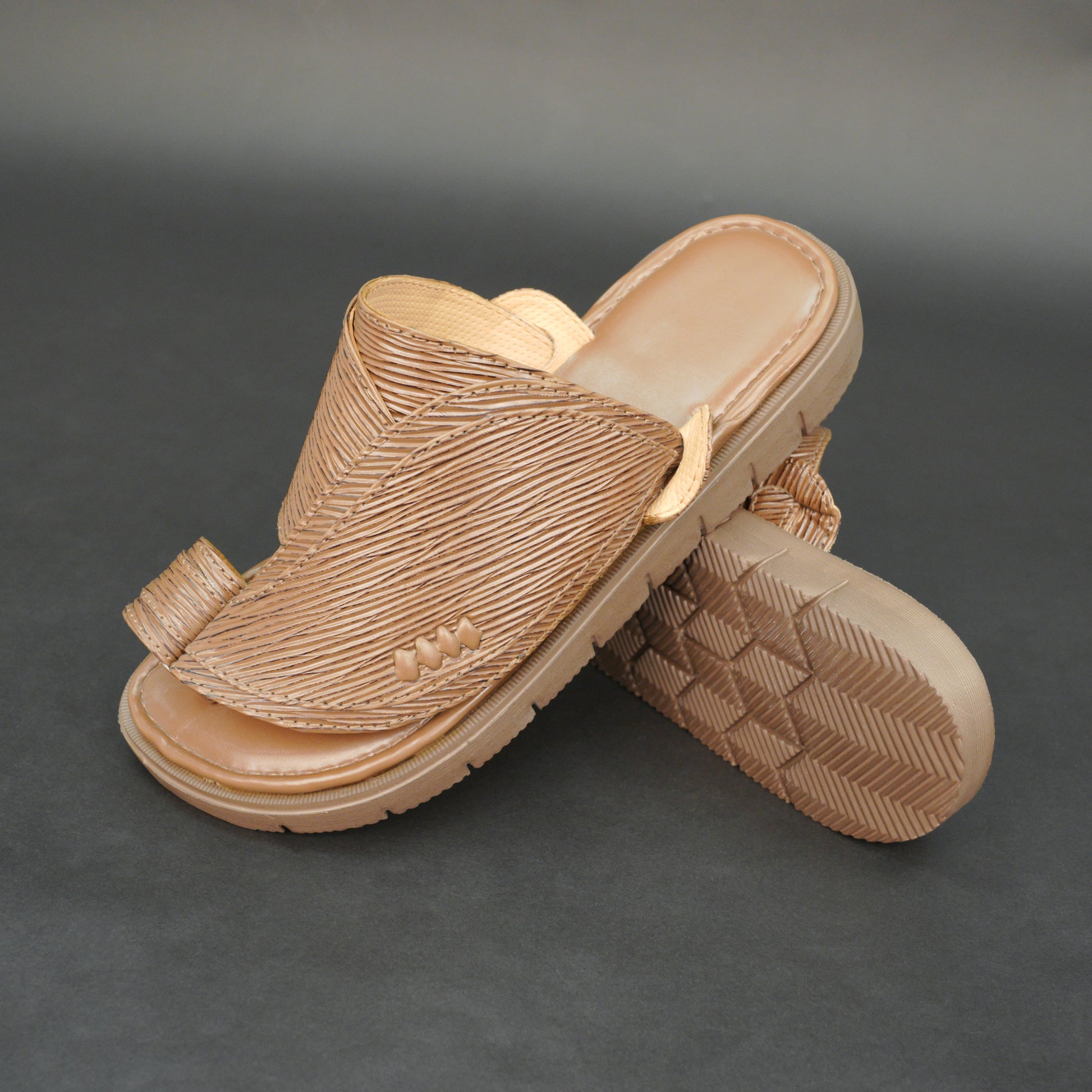 Light brown Arabic chappal with printed PU upper and EVA sole.
