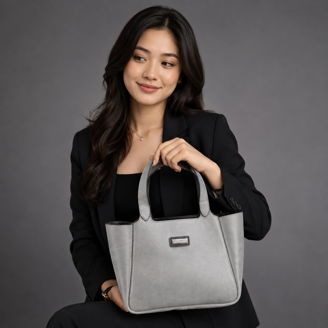 Premium grey cow vachetta leather bag with spacious compartment and inner pockets.