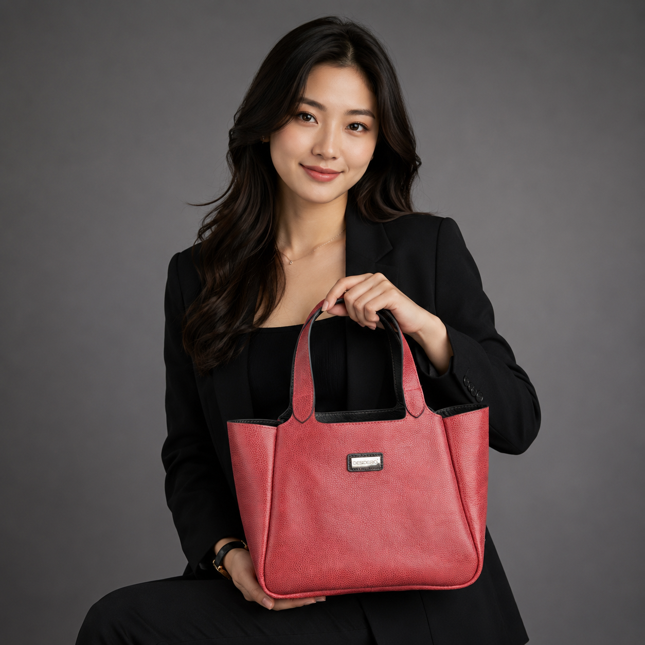 Premium red cow vachetta leather bag with spacious compartment and inner pockets.