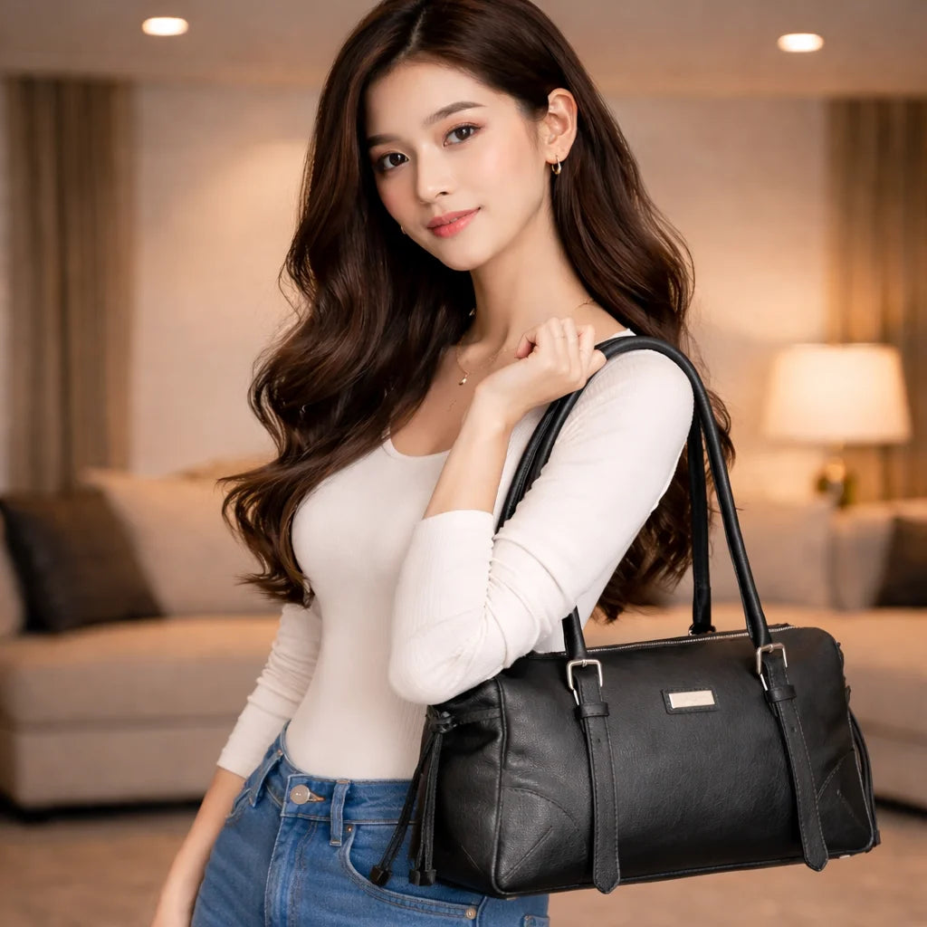 Black cow Chelsea leather bag with strap and pockets.