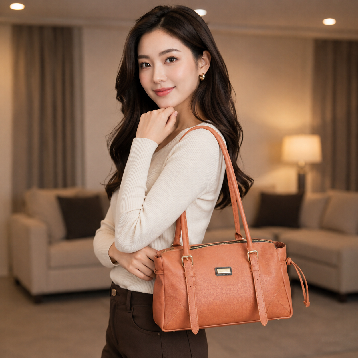 Tan cow Chelsea leather bag with shoulder strap, main compartment, and inner pockets.