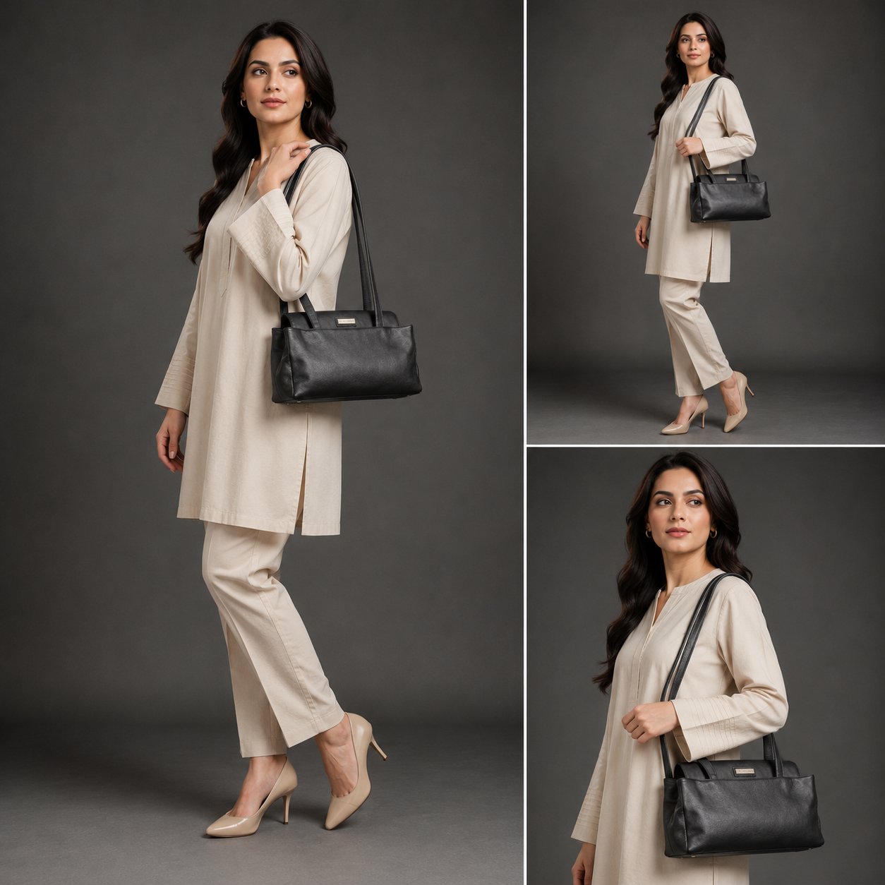 Black cow Chelsea leather bag with straps, compartments, and zipper pocket.