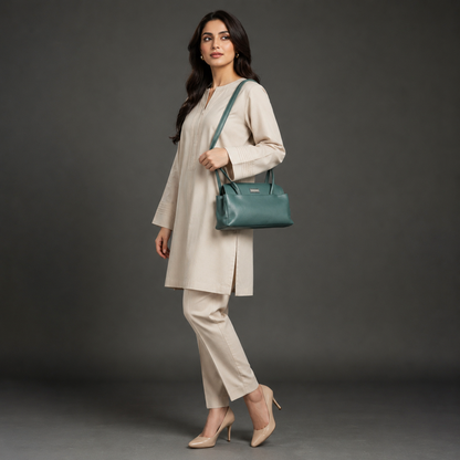 Deep jade cow Bamie leather bag with straps, dual compartments, and zipper pocket.