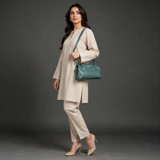 Deep jade cow Bamie leather bag with straps, dual compartments, and zipper pocket.