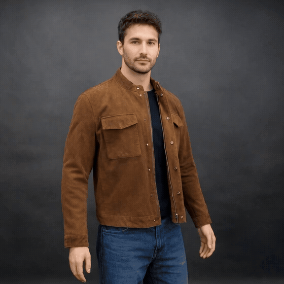 Men’s brown suede leather jacket with button-zip closure, front pocket, and modern fit, combining rugged durability with a refined silhouette