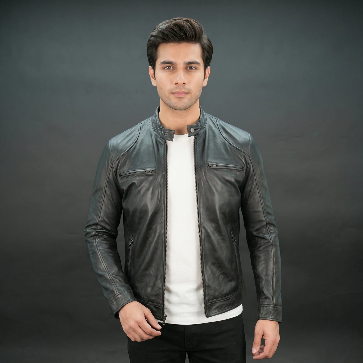 Men's Black Genuine Leather Bomber Jacket - Zip-Up Mandarin Collar Moto Jacket #Desiderio #LeatherJacket #BomberJacket #MensFashion #MotoJacket