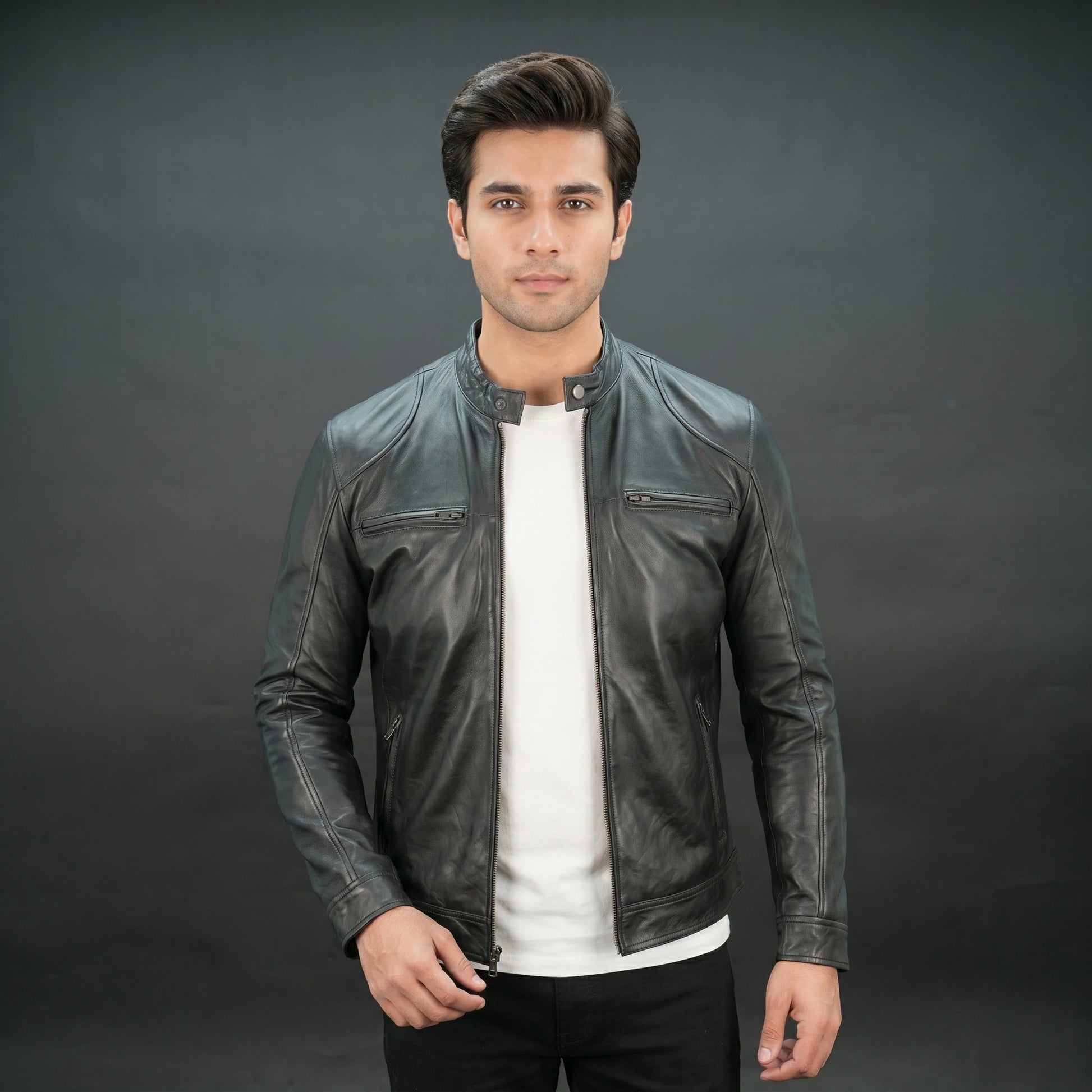 Men's Black Genuine Leather Bomber Jacket - Zip-Up Mandarin Collar Moto Jacket #Desiderio #LeatherJacket #BomberJacket #MensFashion #MotoJacket