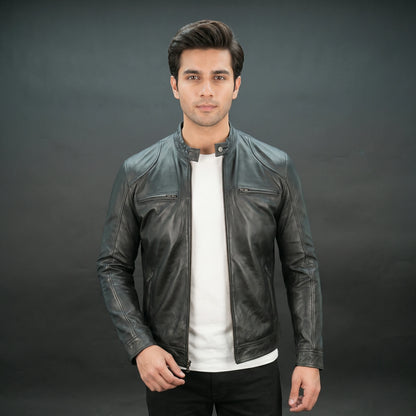 Men's Black Genuine Leather Bomber Jacket - Zip-Up Mandarin Collar Moto Jacket #Desiderio #LeatherJacket #BomberJacket #MensFashion #MotoJacket