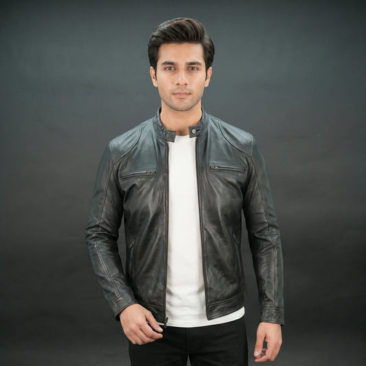 Men's Black Genuine Leather Bomber Jacket - Zip-Up Mandarin Collar Moto Jacket #Desiderio #LeatherJacket #BomberJacket #MensFashion #MotoJacket
