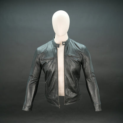 Men's Black Genuine Leather Bomber Jacket - Zip-Up Mandarin Collar Moto Jacket #Desiderio #LeatherJacket #BomberJacket #MensFashion #MotoJacket