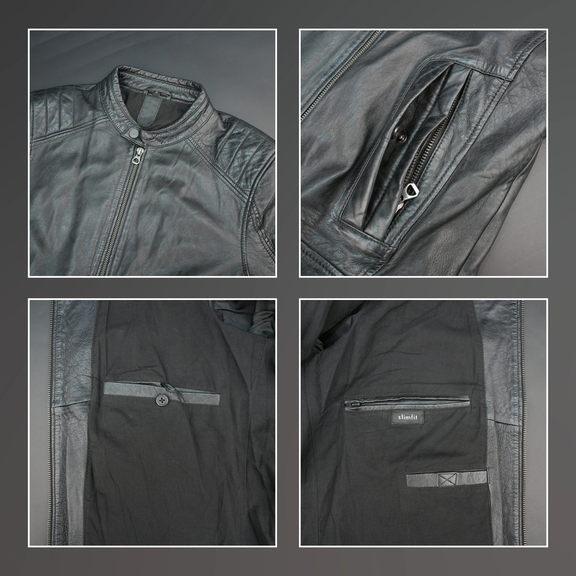 Black leather jacket with mandarin collar, quilted shoulders, and slim fit.